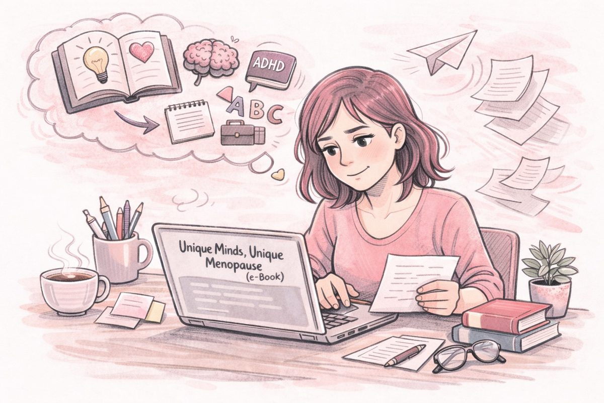 Woman writing thoughtfully at a desk, representing the journey of writing the Unique Minds Unique Menopause e-book